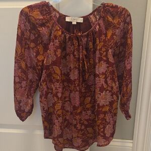 LOFT Women's Burgundy Floral Tie-Neck Blouse XS